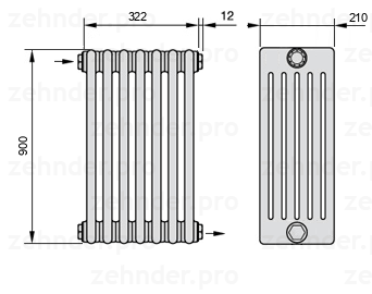 Схема (чертеж) Радиатор Zehnder Charleston 6090/7 №1670 Белый глянцевый RAL 9016